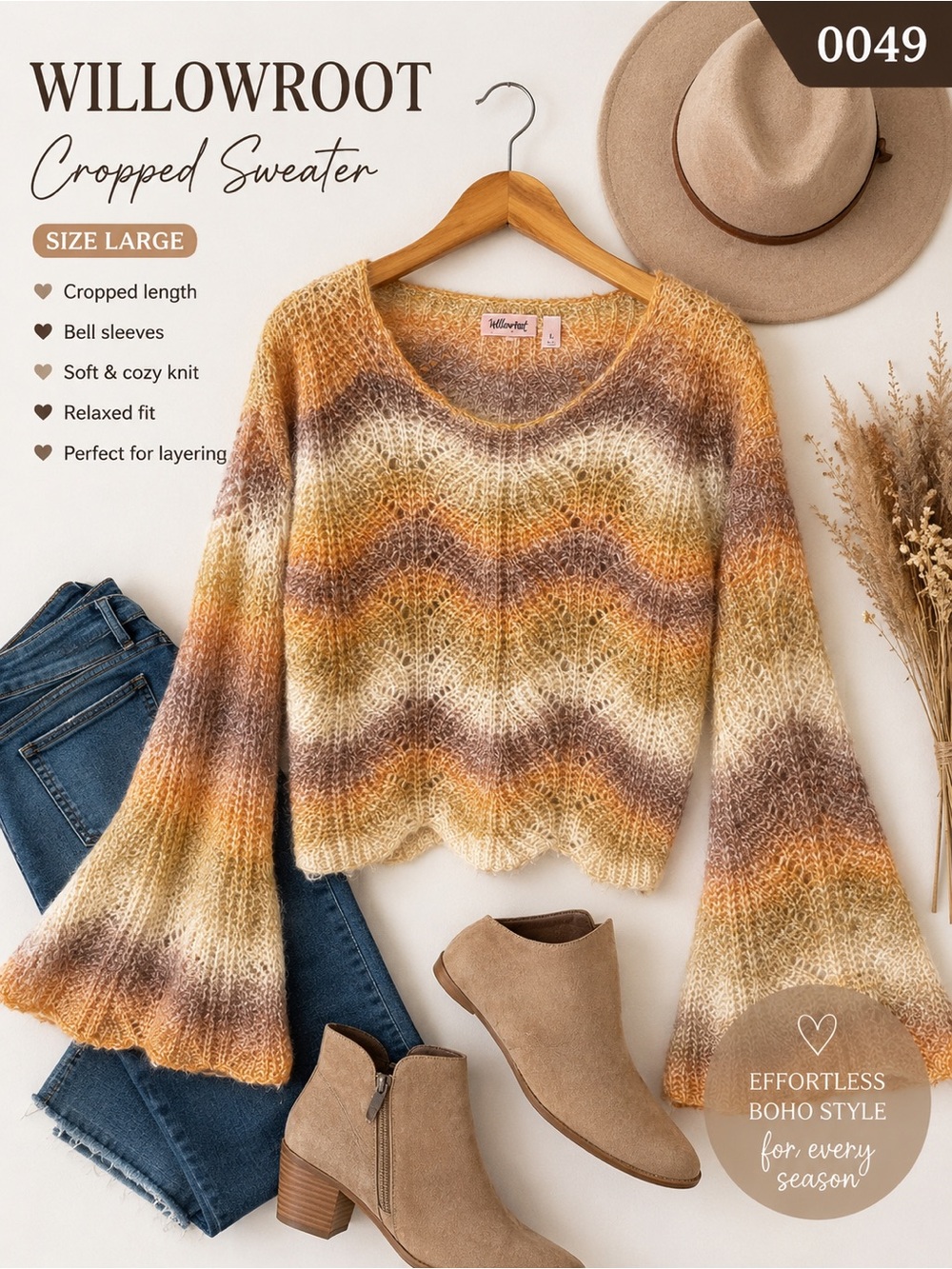 Willow-root Multicolor Ombre Cropped Bell Sleeve Sweater Boho Chic BUCKLE